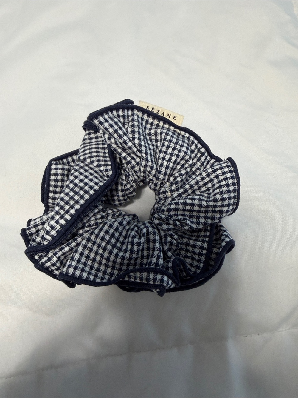 Sezane Navy and White Gingham Ruffle Scrunchie